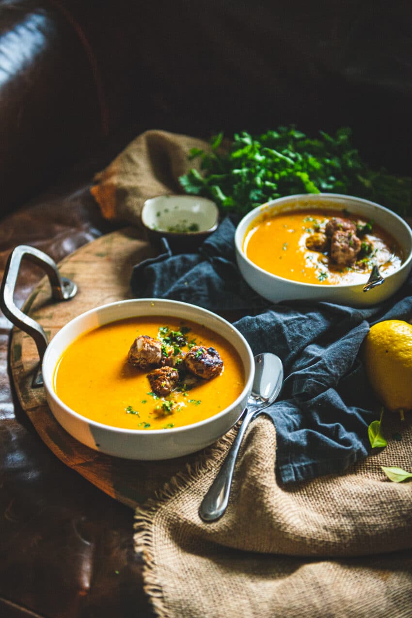 I could eat 99 bowls of this velvety carrot soup with homemade turkey meatballs.