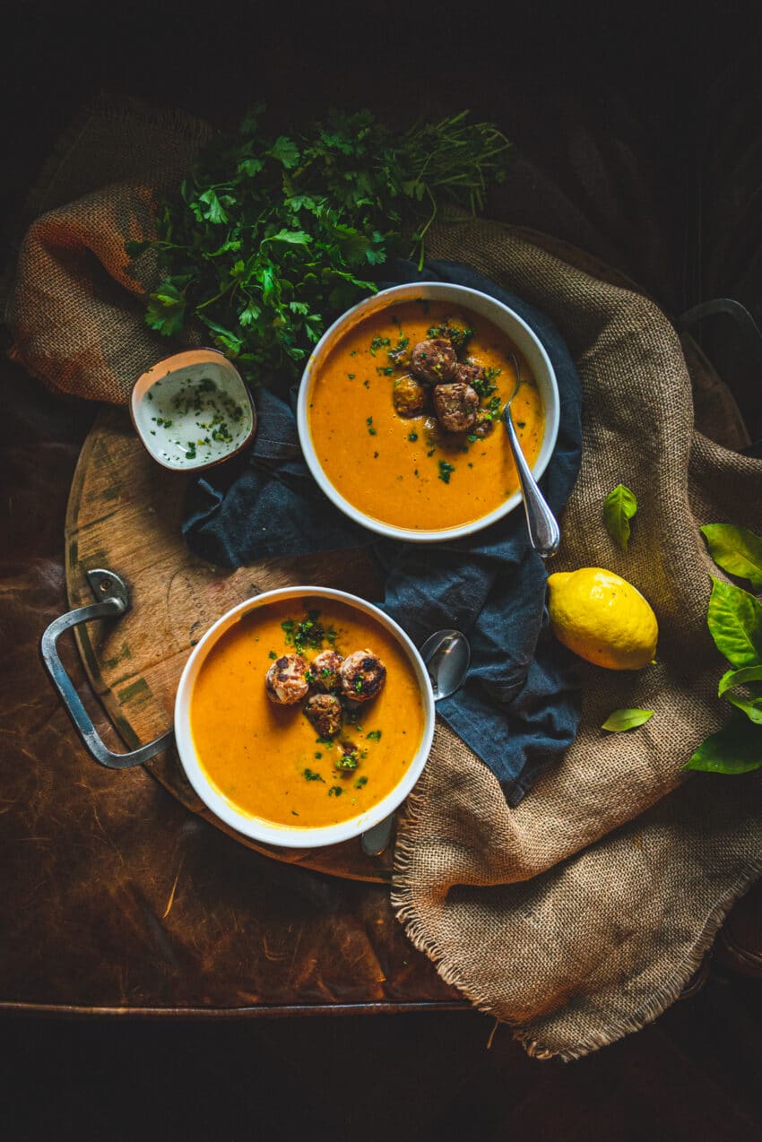 Creamy roasted carrot soup with ginger turkey meatballs - totally paleo and whole 30 approved 
