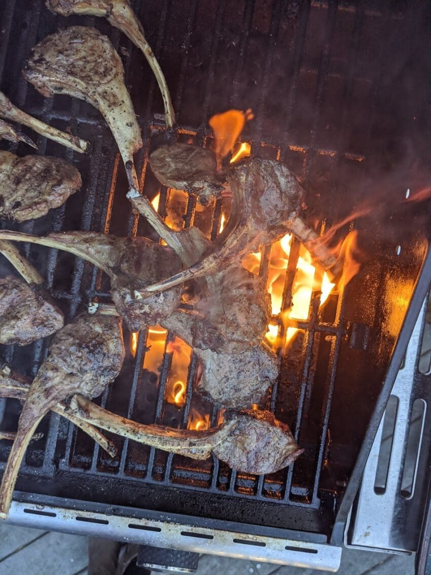 Individual lamb chops on a grill.