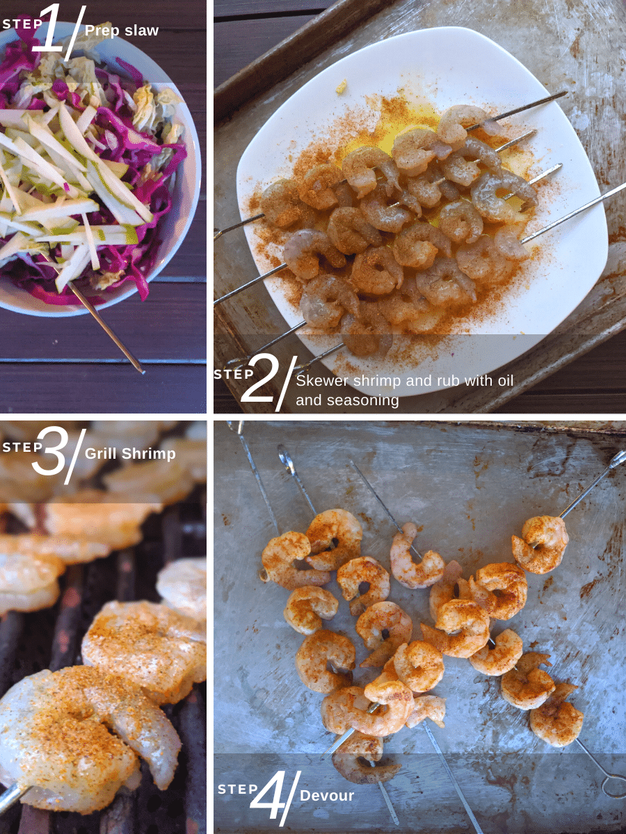 Steps for making this recipe, from mixing the slaw to skewering the shrimp, grilling and then assembling tacos