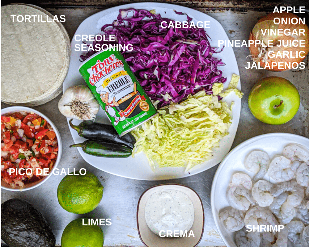 What you need for grilled shrimp tacos, ingredient like cabbage, onion, apple, jalapenos, shrimp, tortillas and tony chacheres creole seasoning