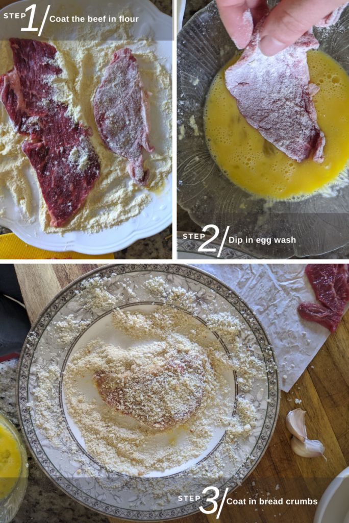 Step by step for breading beef portions in flour, dipping in egg wash and coating in breadcrumbs