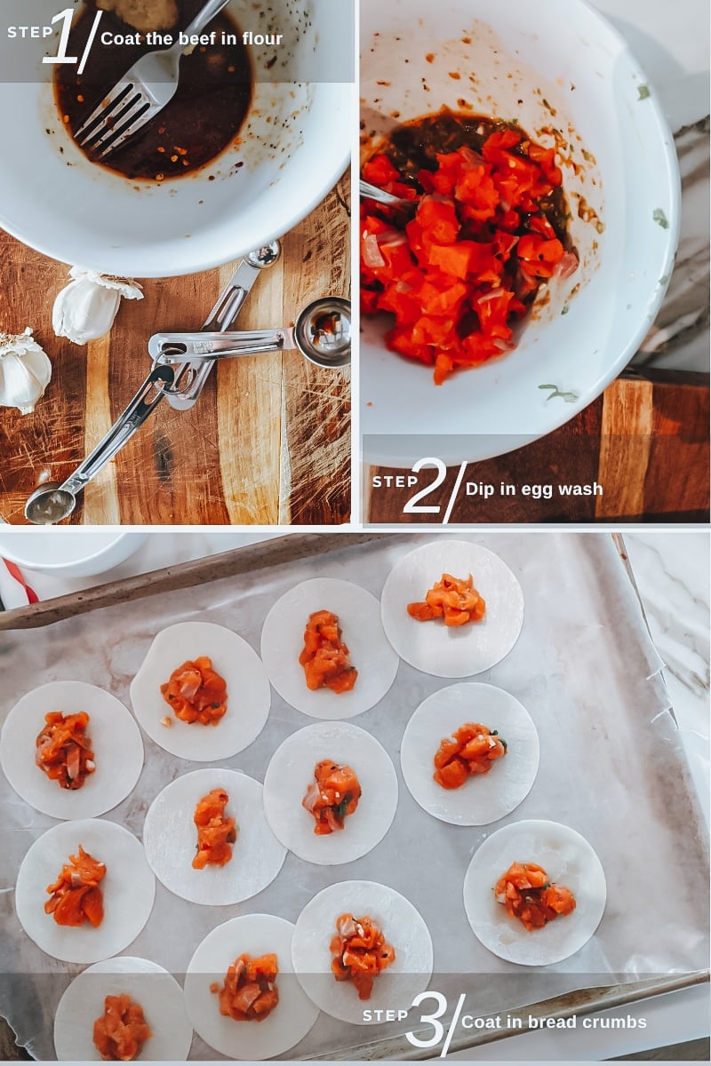 steps to making salmon dumplings, mixing the fillings, arranging filling in wrappers