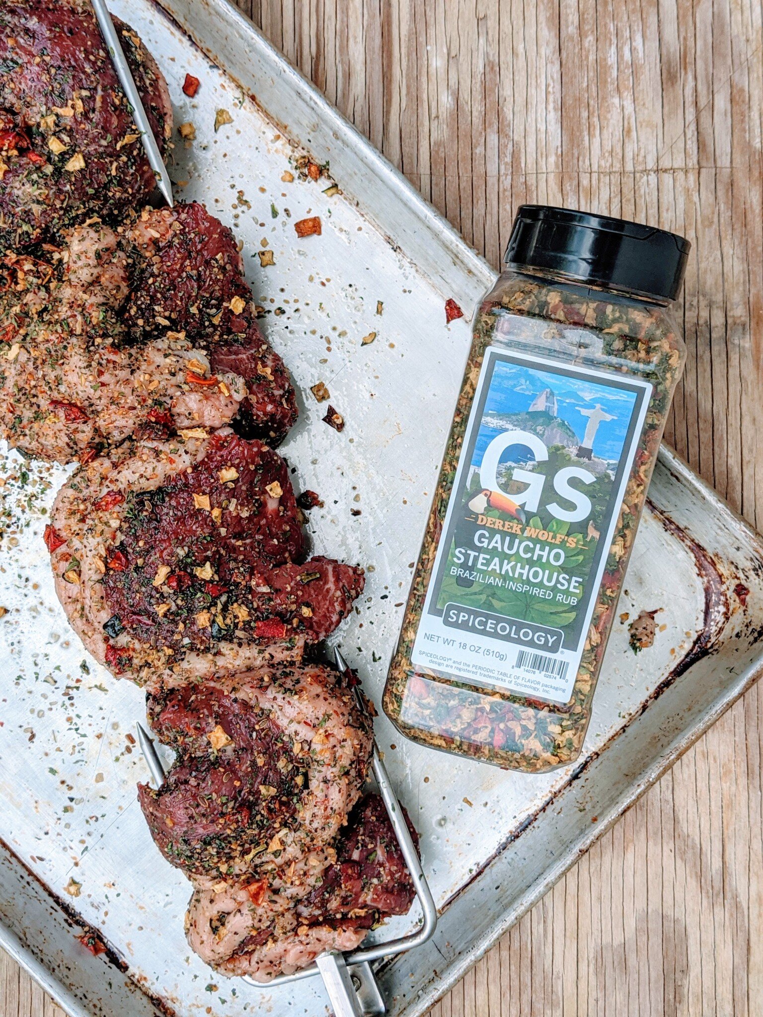 Showing the spice rub (Goucho Steakhouse by Derek Wolf) used on raw picanha. 