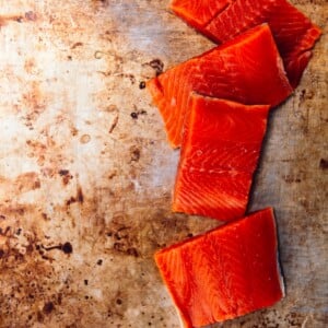 deep red sockeye salmon, portioned into filets
