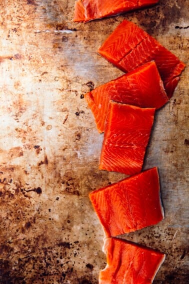 deep red sockeye salmon, portioned into filets