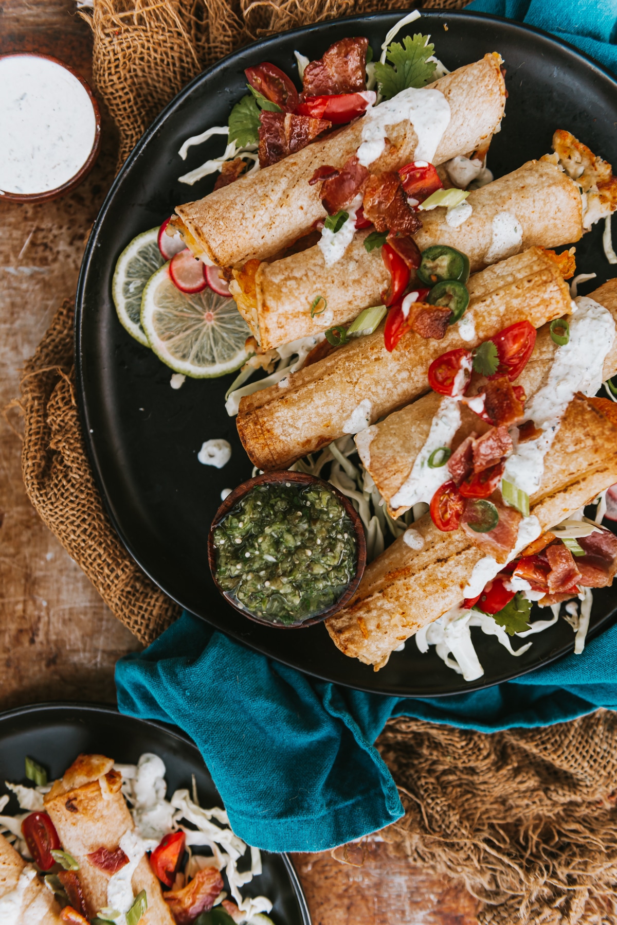 above shot of potato stuffed air fried taquitos