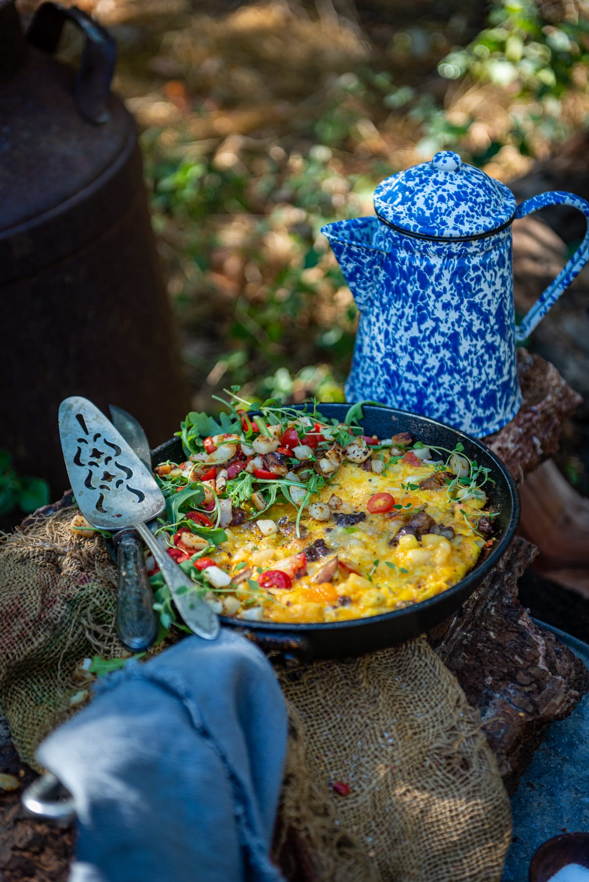 Filled skillet nestled on a tree truck with a camping kettle in the background. 