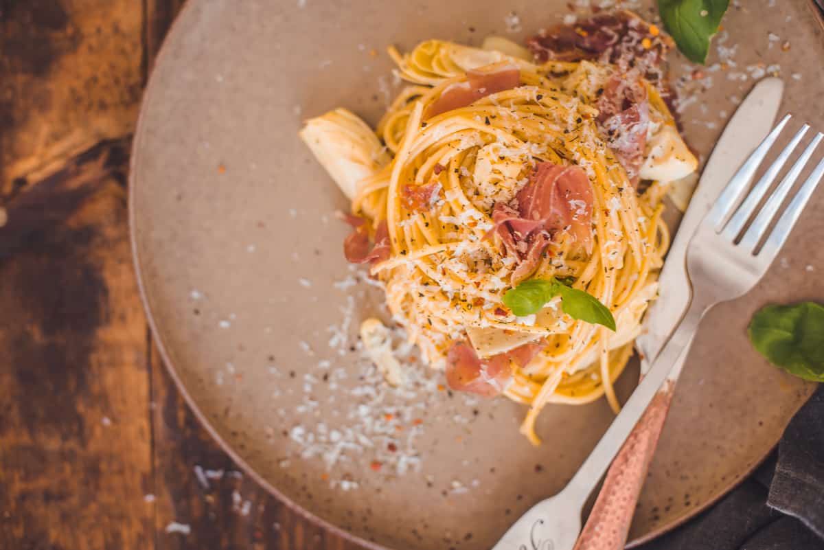 Freshly Cooked classic carbonara  in a Plate