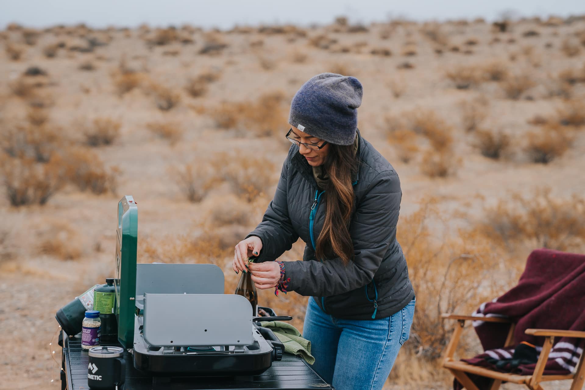 Camping recipe setup outside with campstove in desert