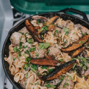 camping recipe for easy one pan meatball stroganoff on camp stove