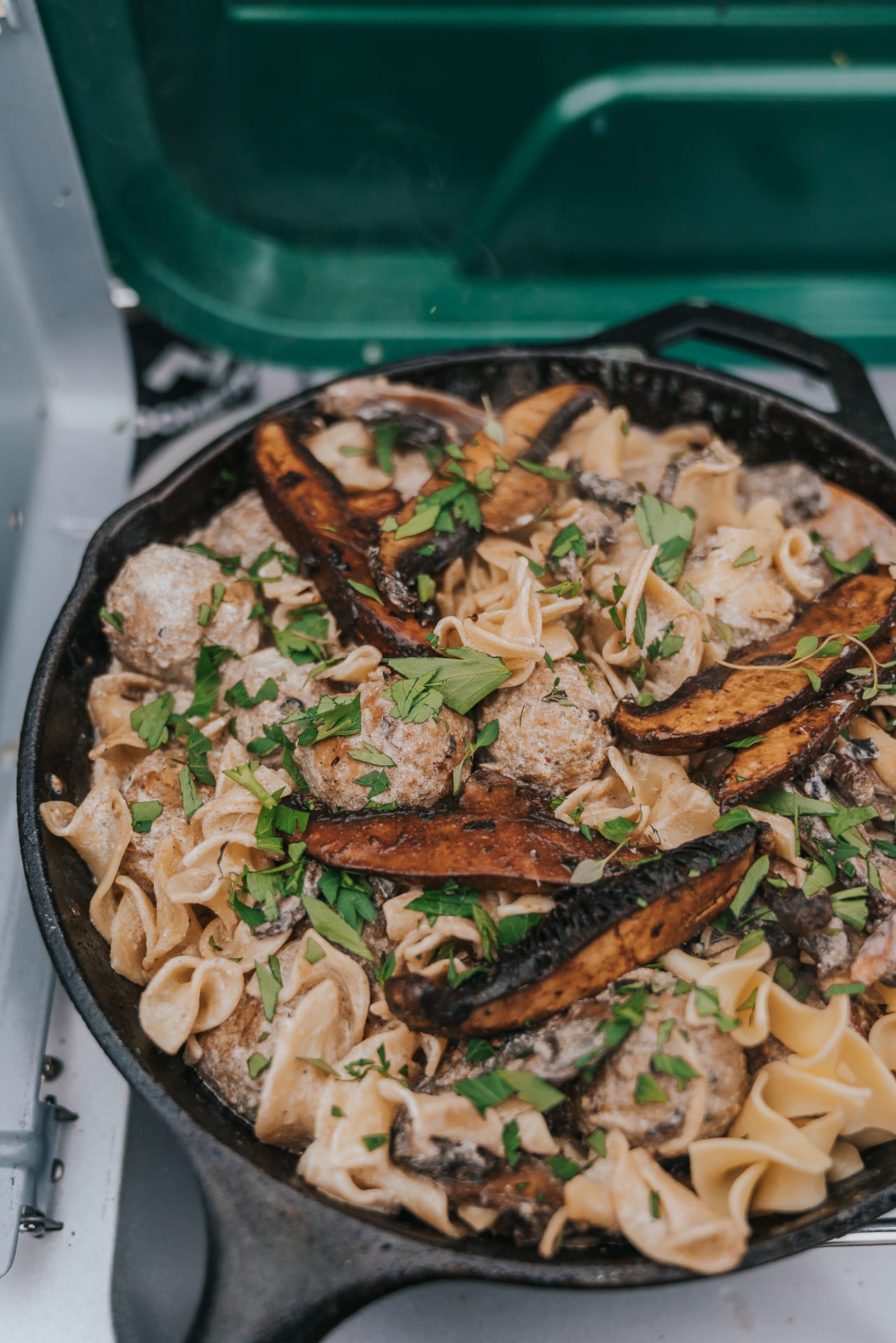 camping recipe for easy one pan meatball stroganoff on camp stove