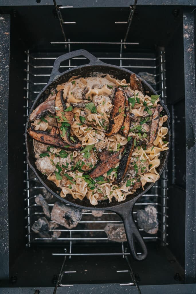 Meatball Stroganoff in a Skillet over Charcoal Grill