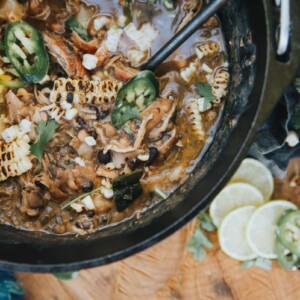 above shot of white chicken chili in dutch oven