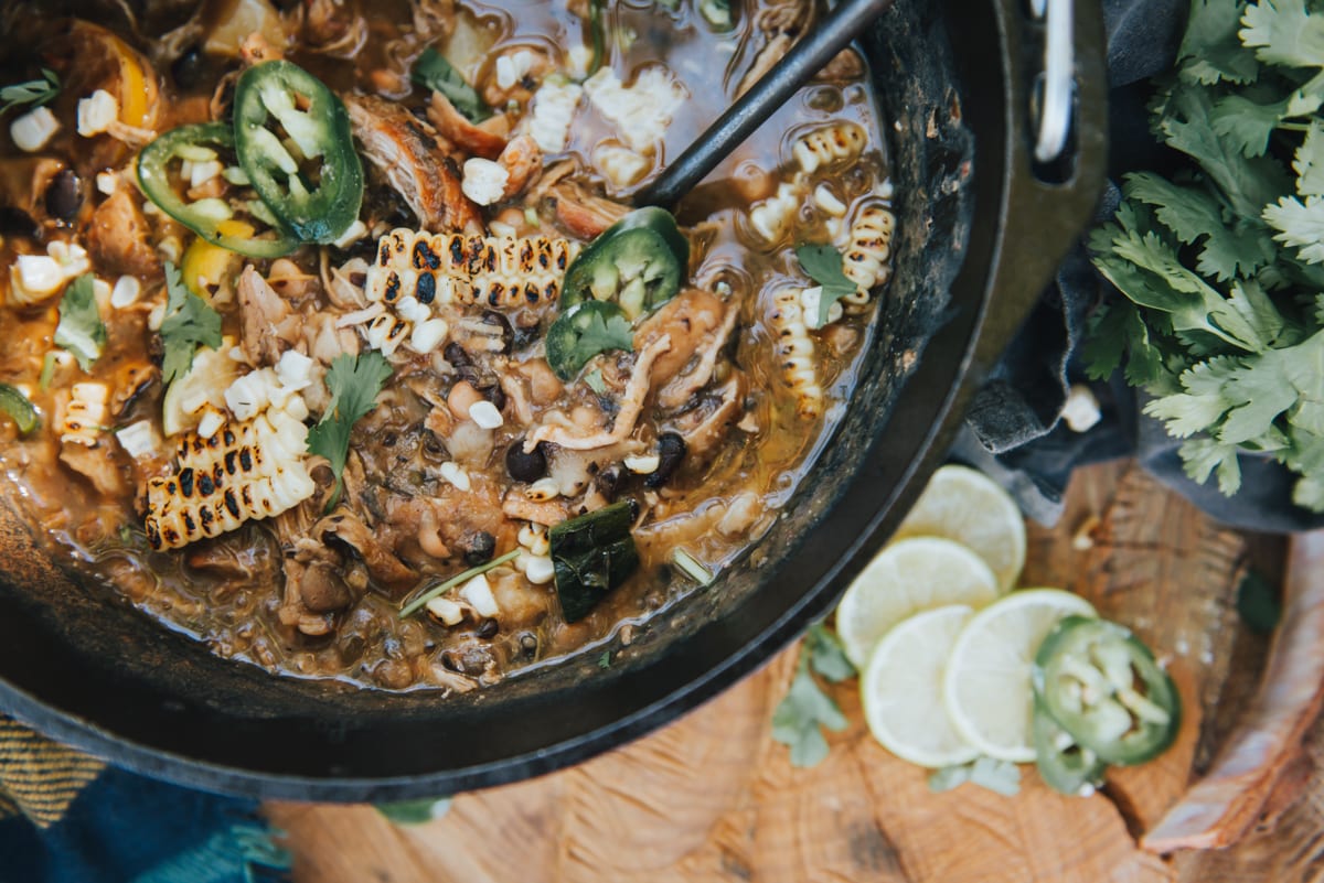 above shot of white chicken chili in dutch oven 