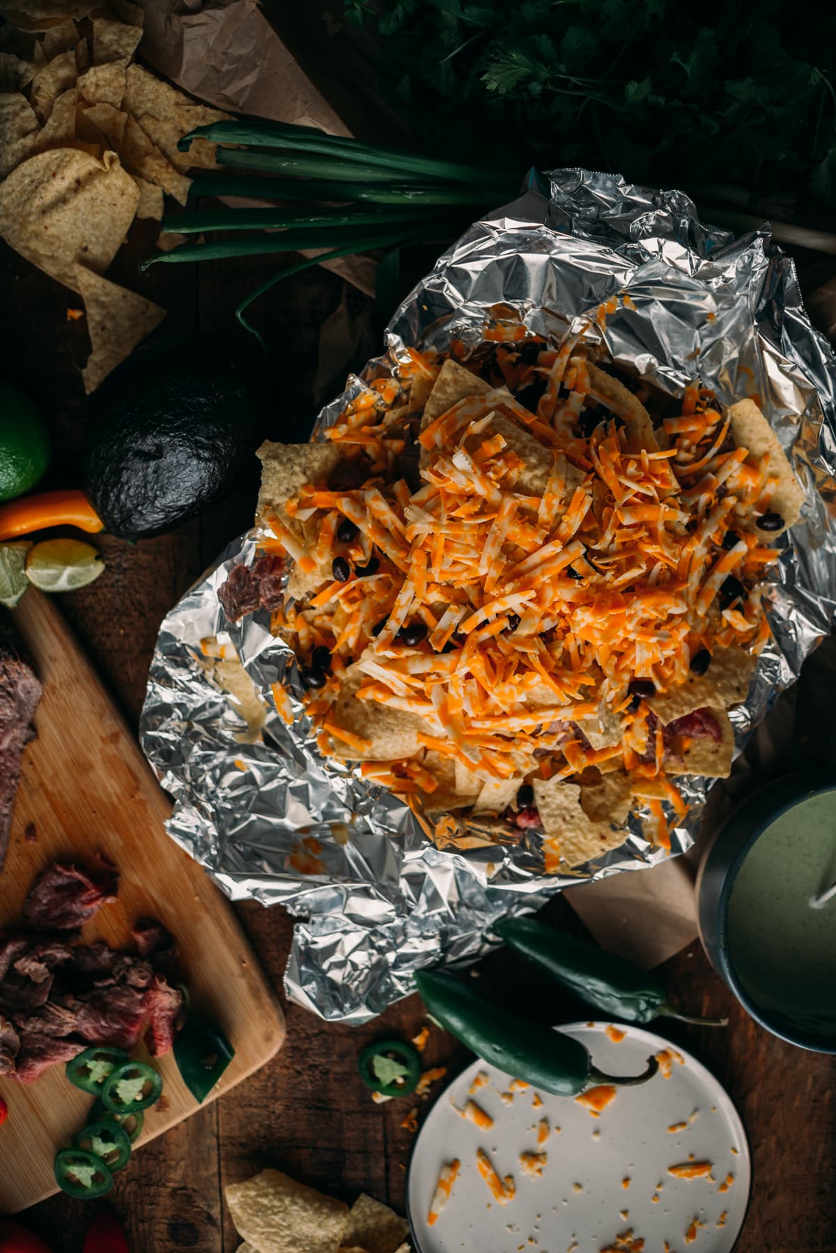 Campfire Nachos with Carne Asada served in Foil Paper