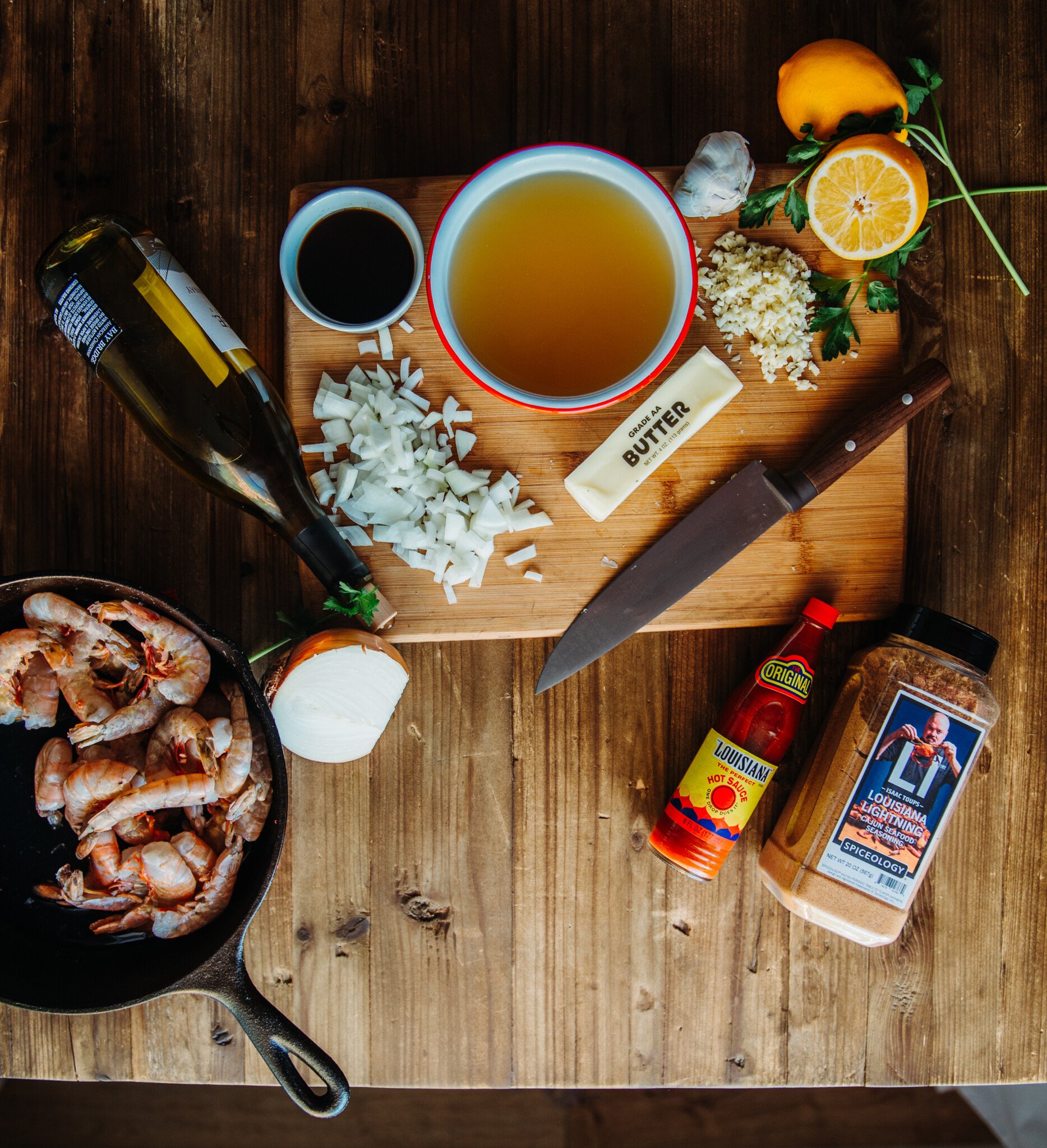 Ingredients tp cook New Orleans BBQ Shrimp.