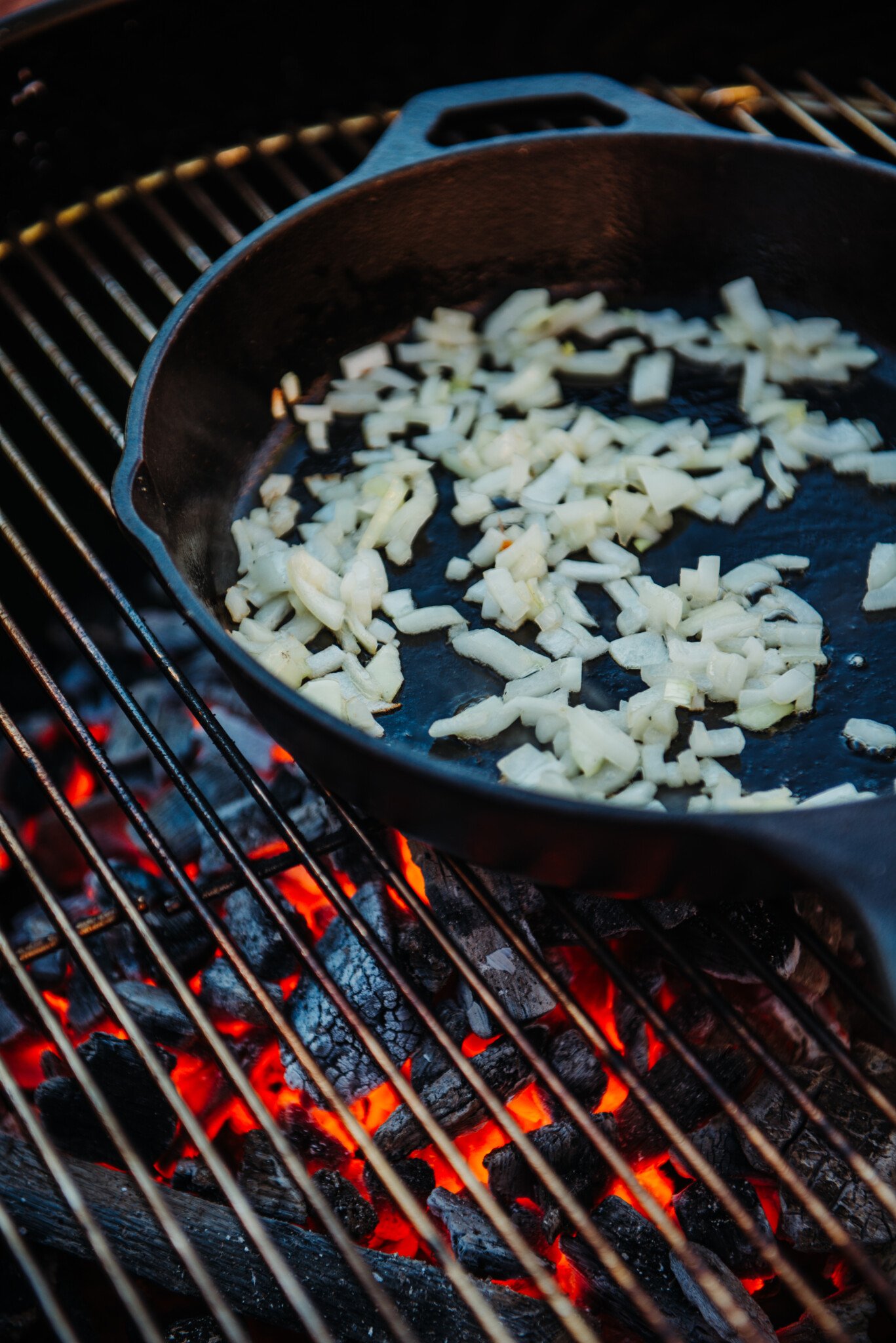 Skillet on grill with onions.