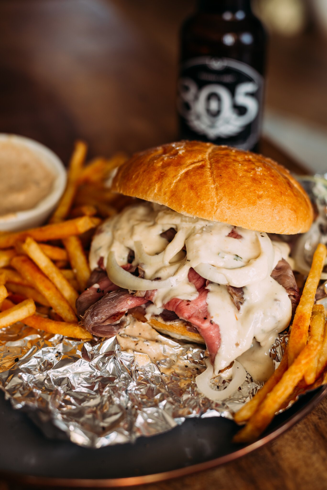 Charcoal Grilled Smoked Pit Beef Sandwich with Fries