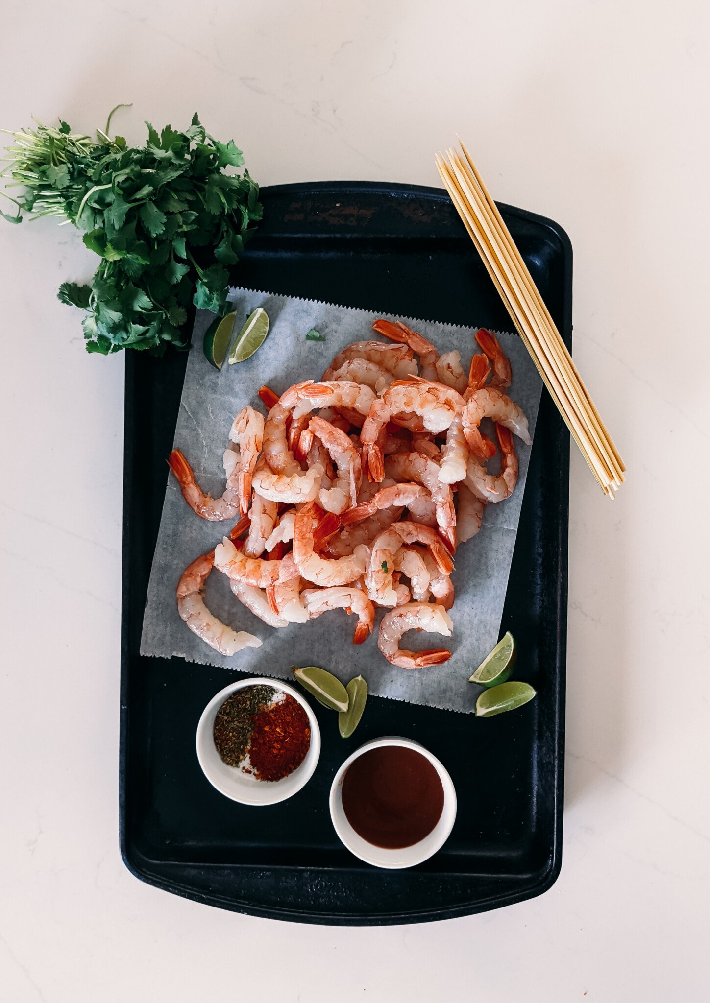 BBQ Grilled Shrimp (Peeled with Tails on) served with Lime, Sauce & Cilantro