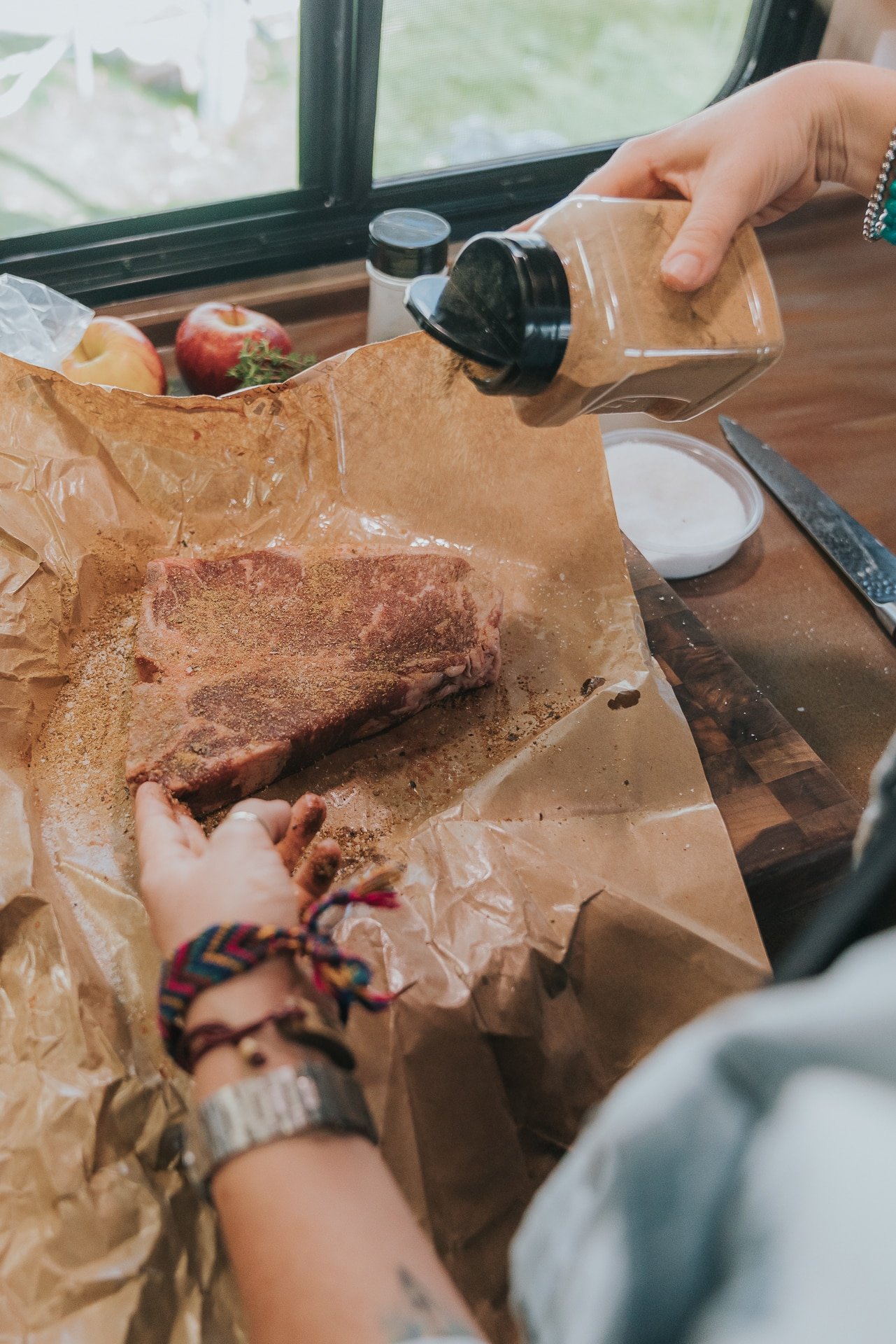 Ooomami, girl carnivore's umami powder, bring sprinkled over porterhouse steaks