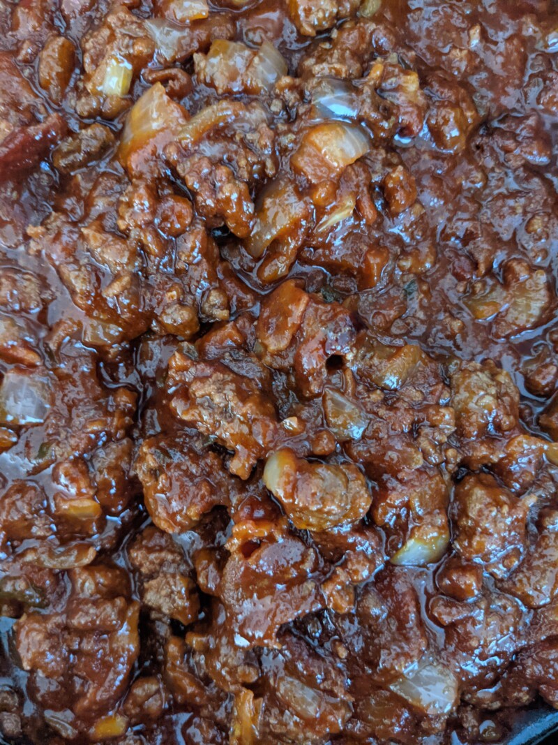 close up of ground beef simmering for sloppy joes