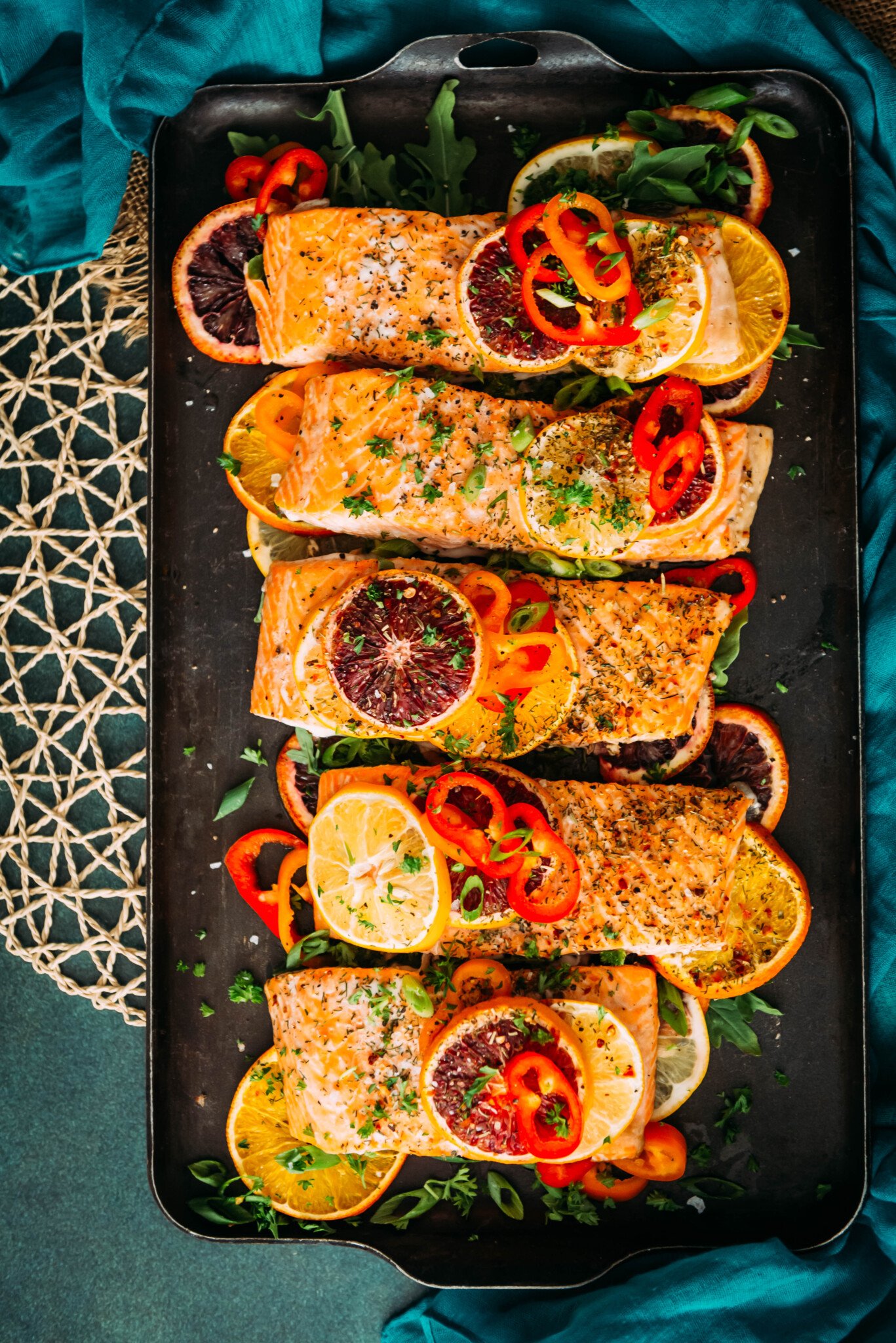 above shot of sheet pan baked citrus salmon