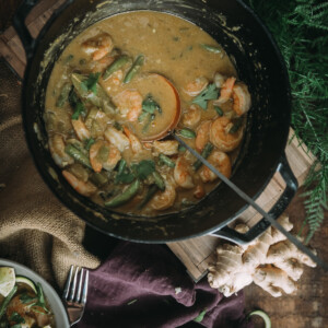 Dutch oven filled with mild shrimp korma