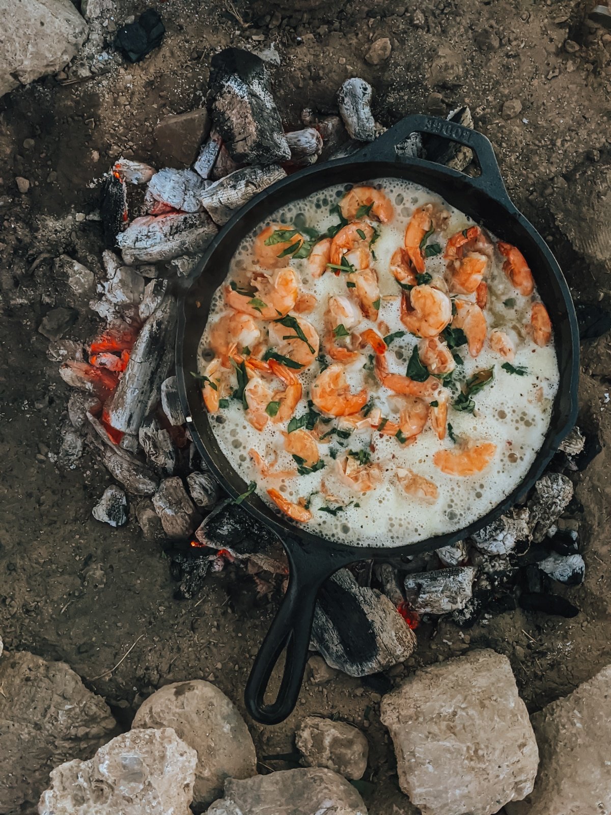 Garlic butter shrimp cooking over a campfire in a cast iron skillet