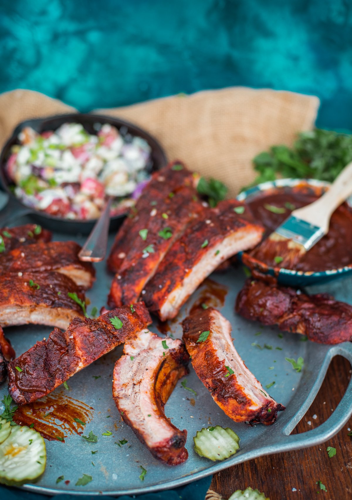 Platter of smoked baby back ribs. 