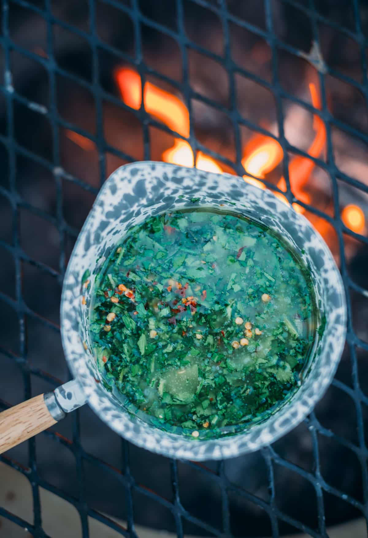 Ingredients mixed together in a small sauce pan for the chimichurri butter. 