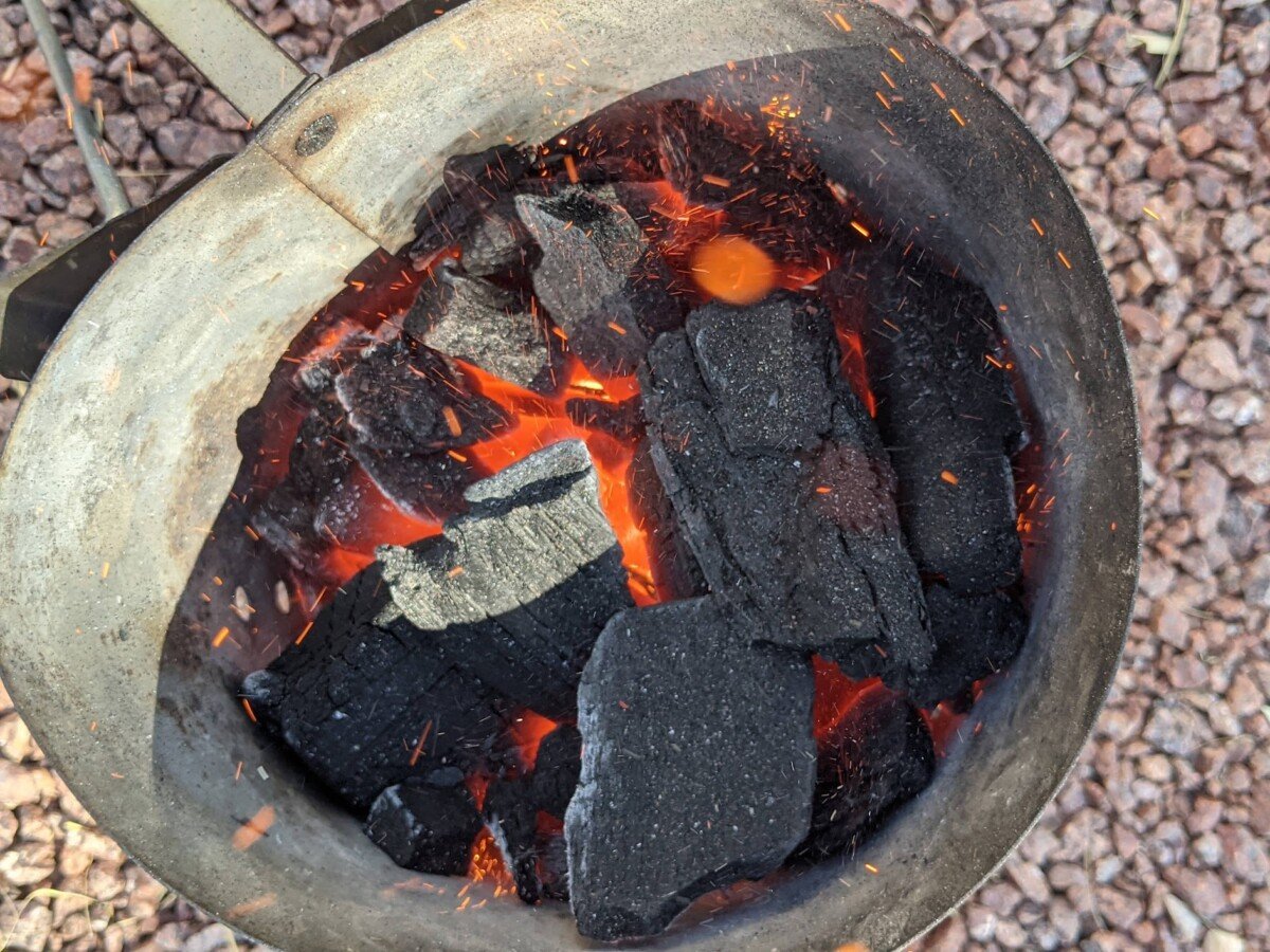 Charcoal in a chimney.