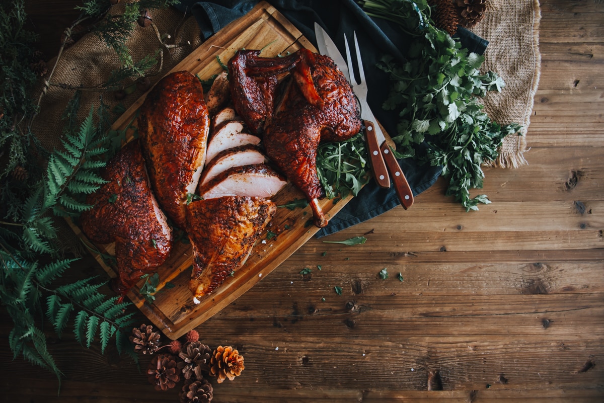 Carved turkey on a cutting board. 
