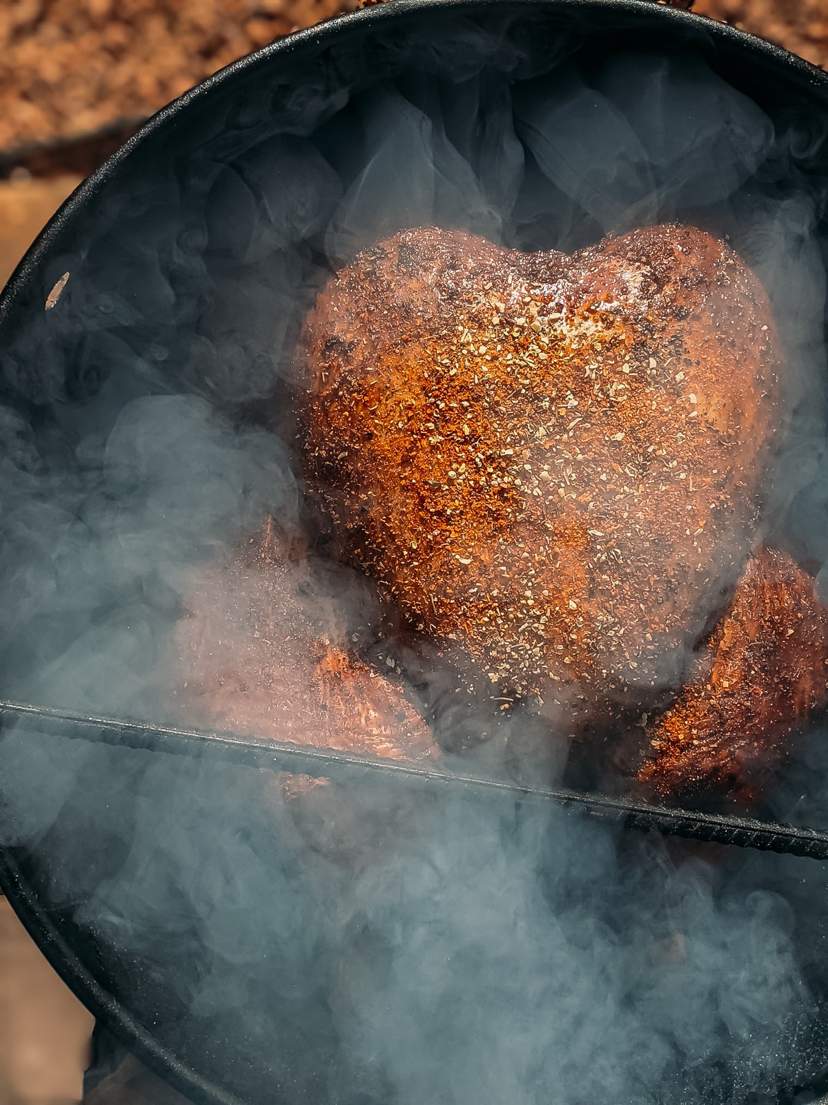 Spatchcocked turkey on a drum smoker. 