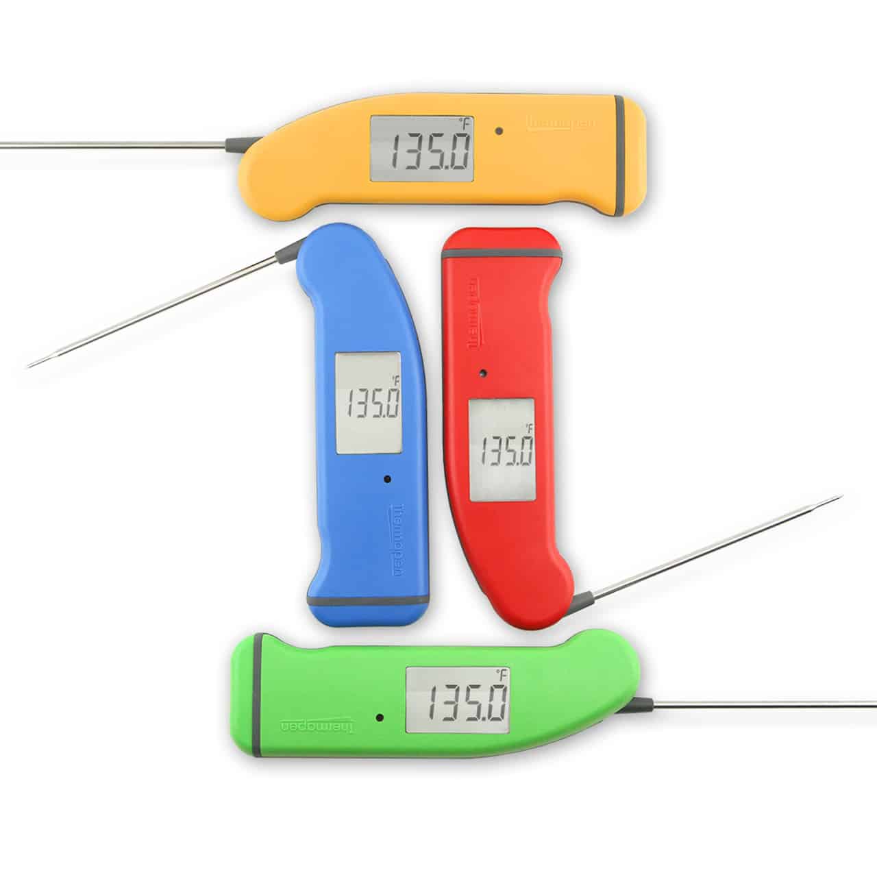 Four different colored digital thermometers, perfect for grilling gifts, on a white background.