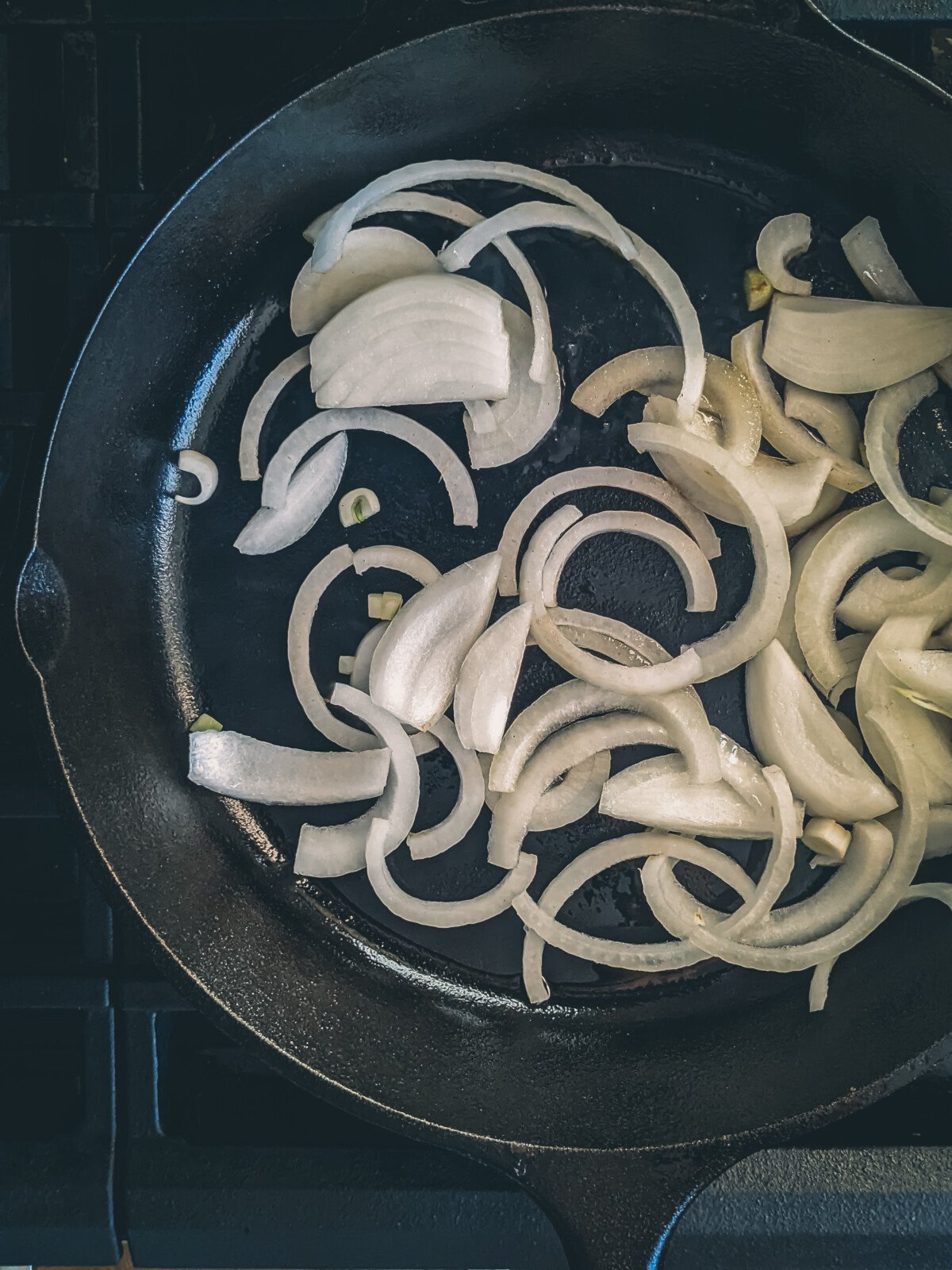 Onions in a cast iron skillet. 