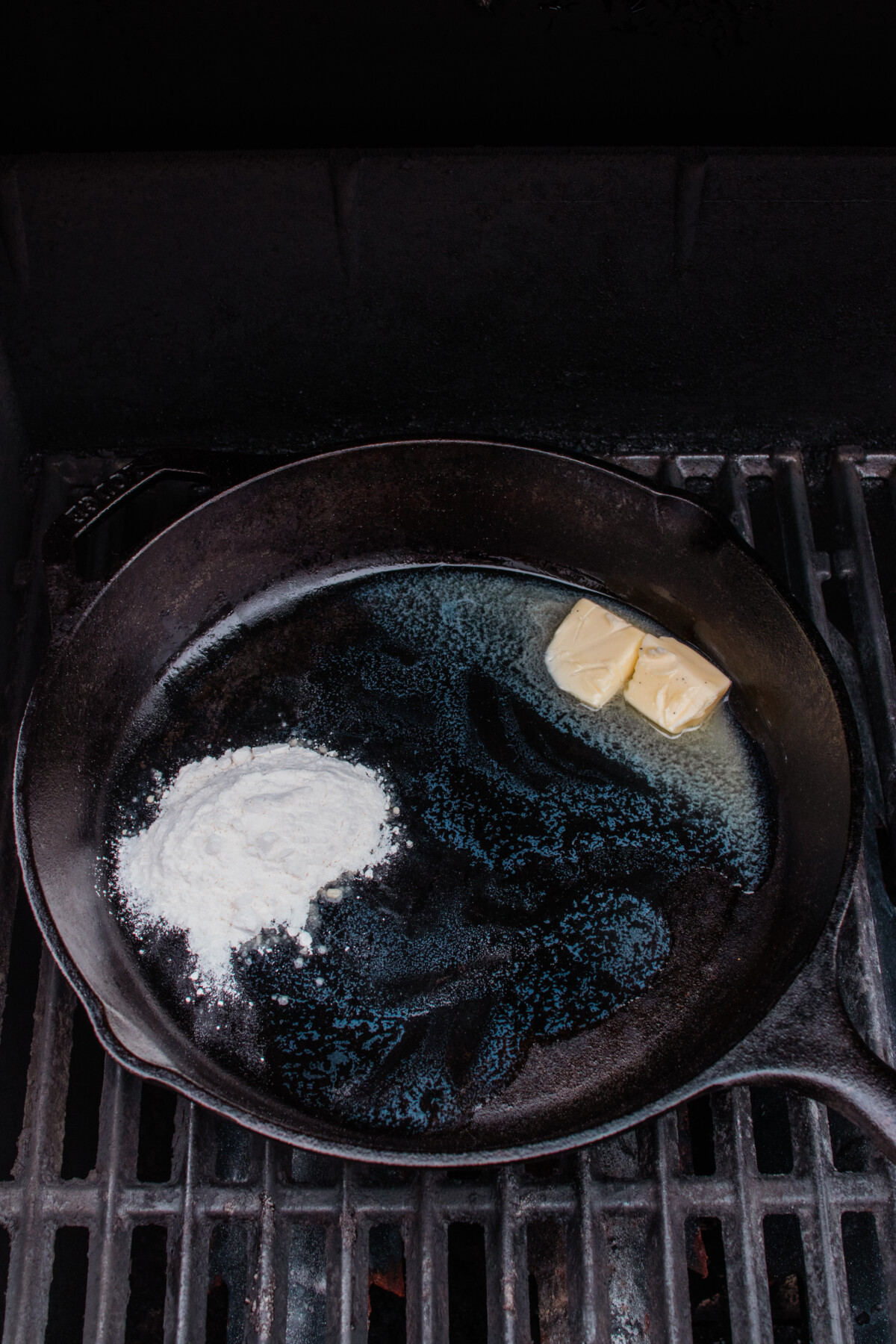 Butter and flour in a skillet on the grill.