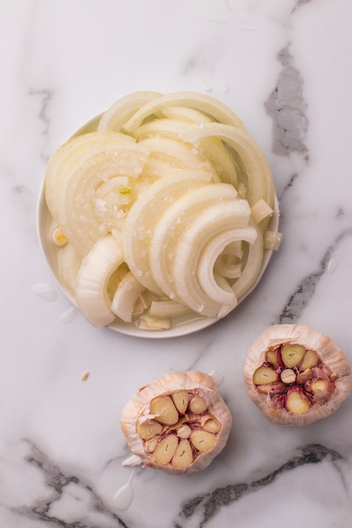 sliced onions and garlic.