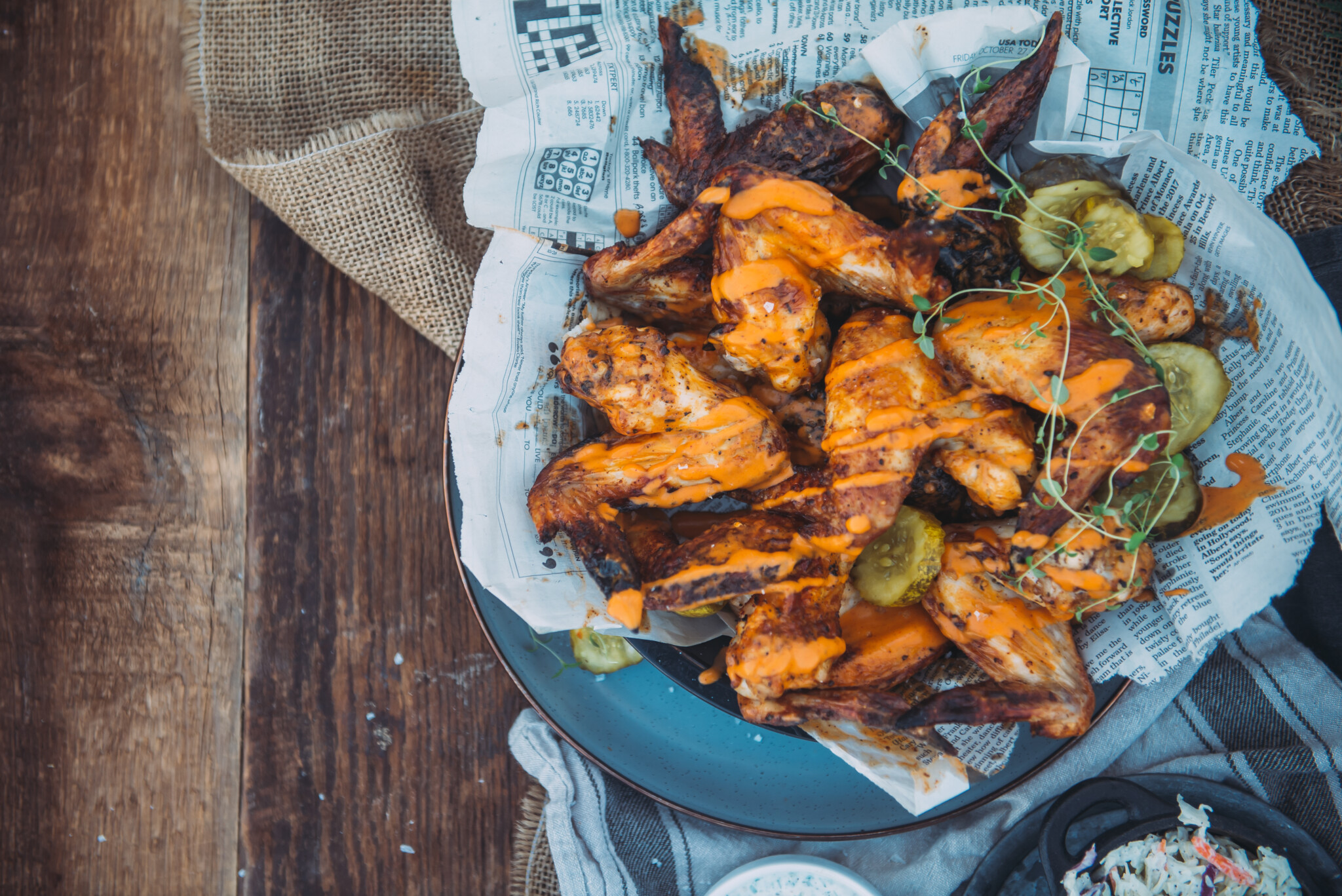 Above shot of platter of air fryer pickle brined buffalo chicken wings