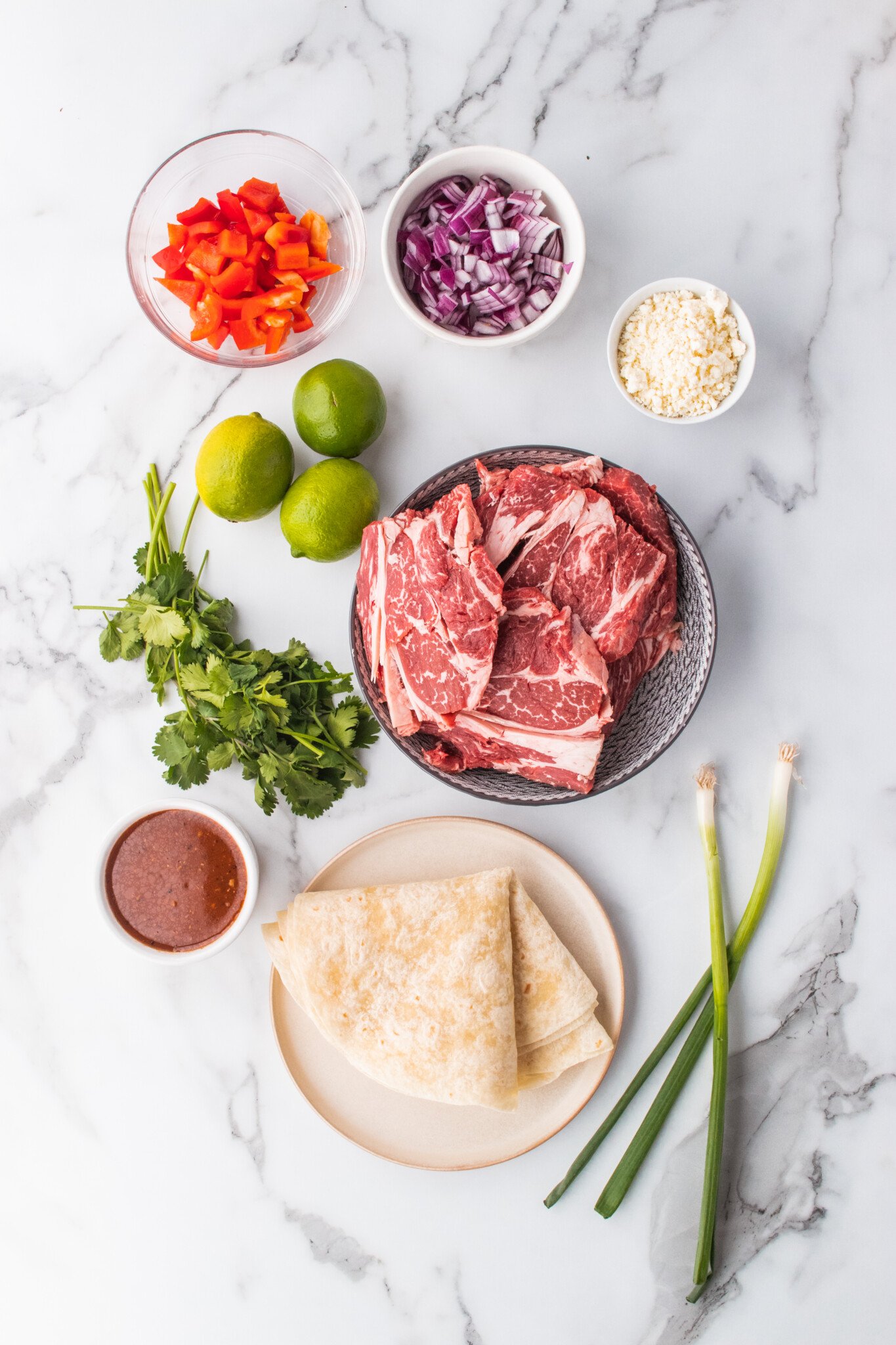 steak taco ingredients on a tabletop