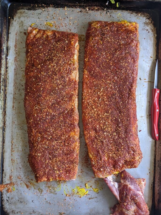 St Louis ribs rubbed with spices to be smoked