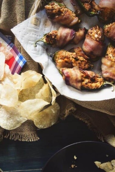 Bacon-Wrapped Smoked Cheddar Cheese and Chorizo Jalapeño Poppers cover