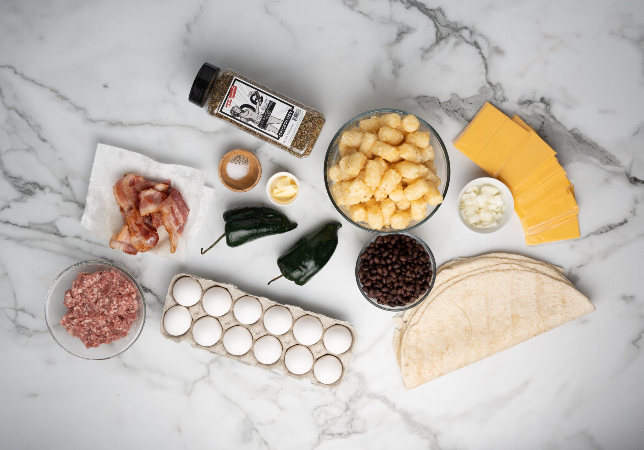 Ingredients for these breakfast burritos.  