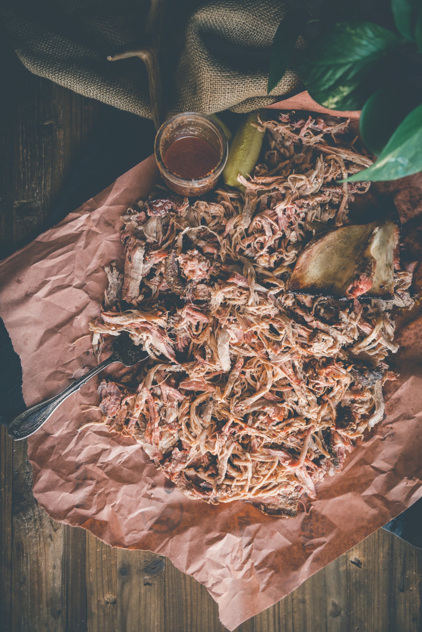 overhead view of a plate of shredded pork