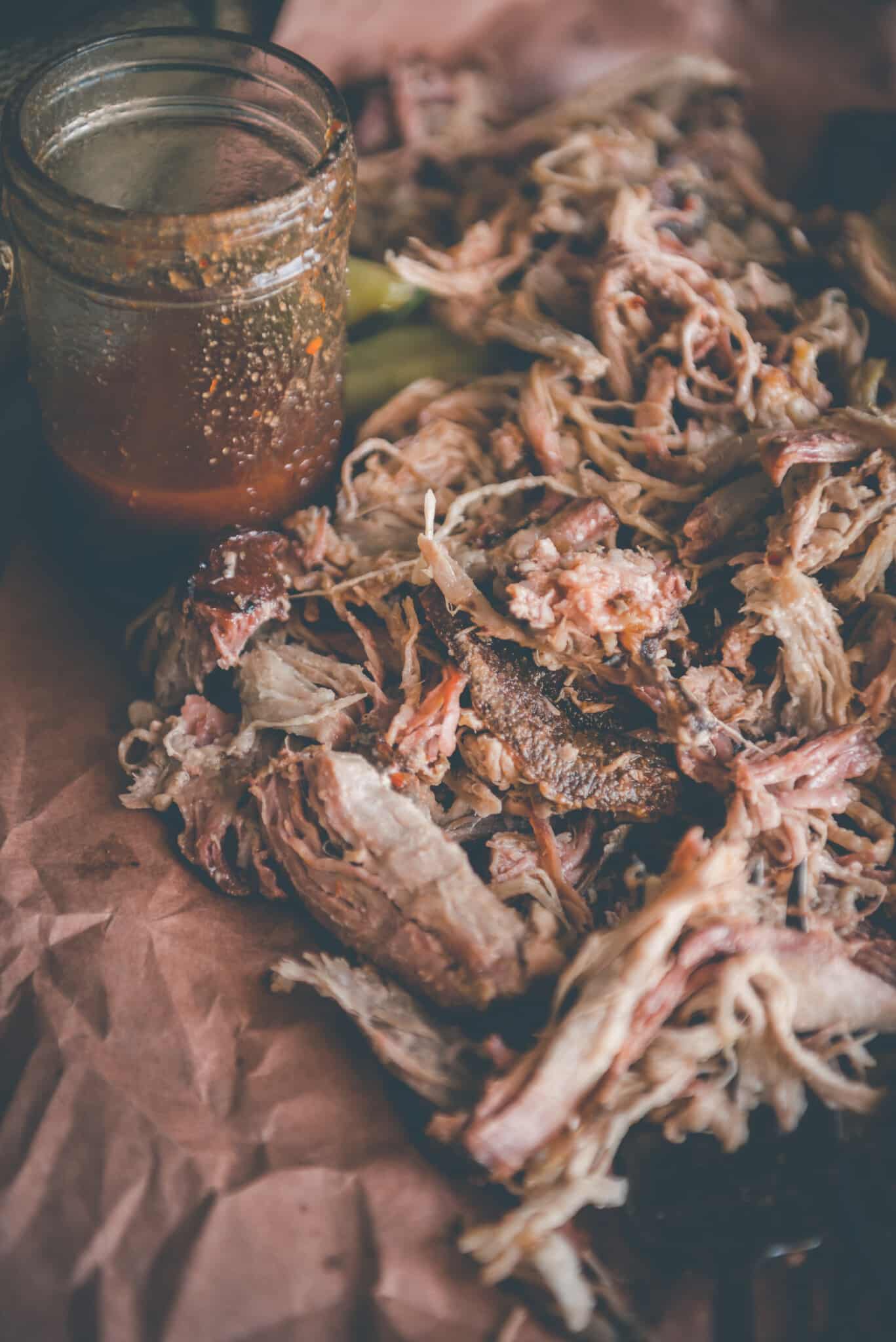 close up view of shredded pork butt