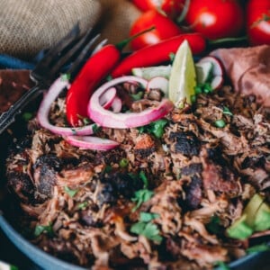 Close up of pulled lamb barbacoa topped with herbs, red onion, limes and red peppers.