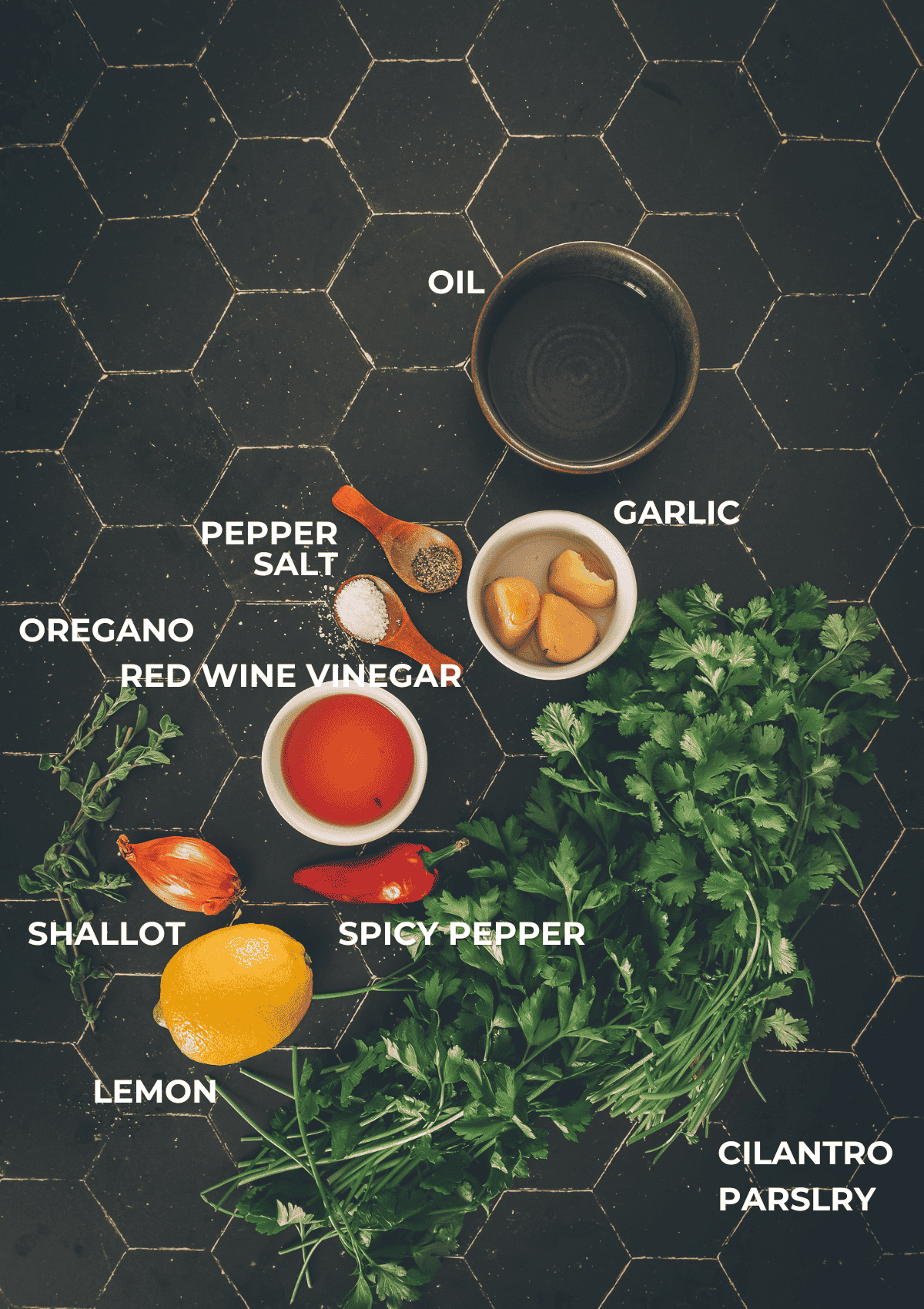 Flat lay image showing ingredients for homemade cilantro chimichurri. 