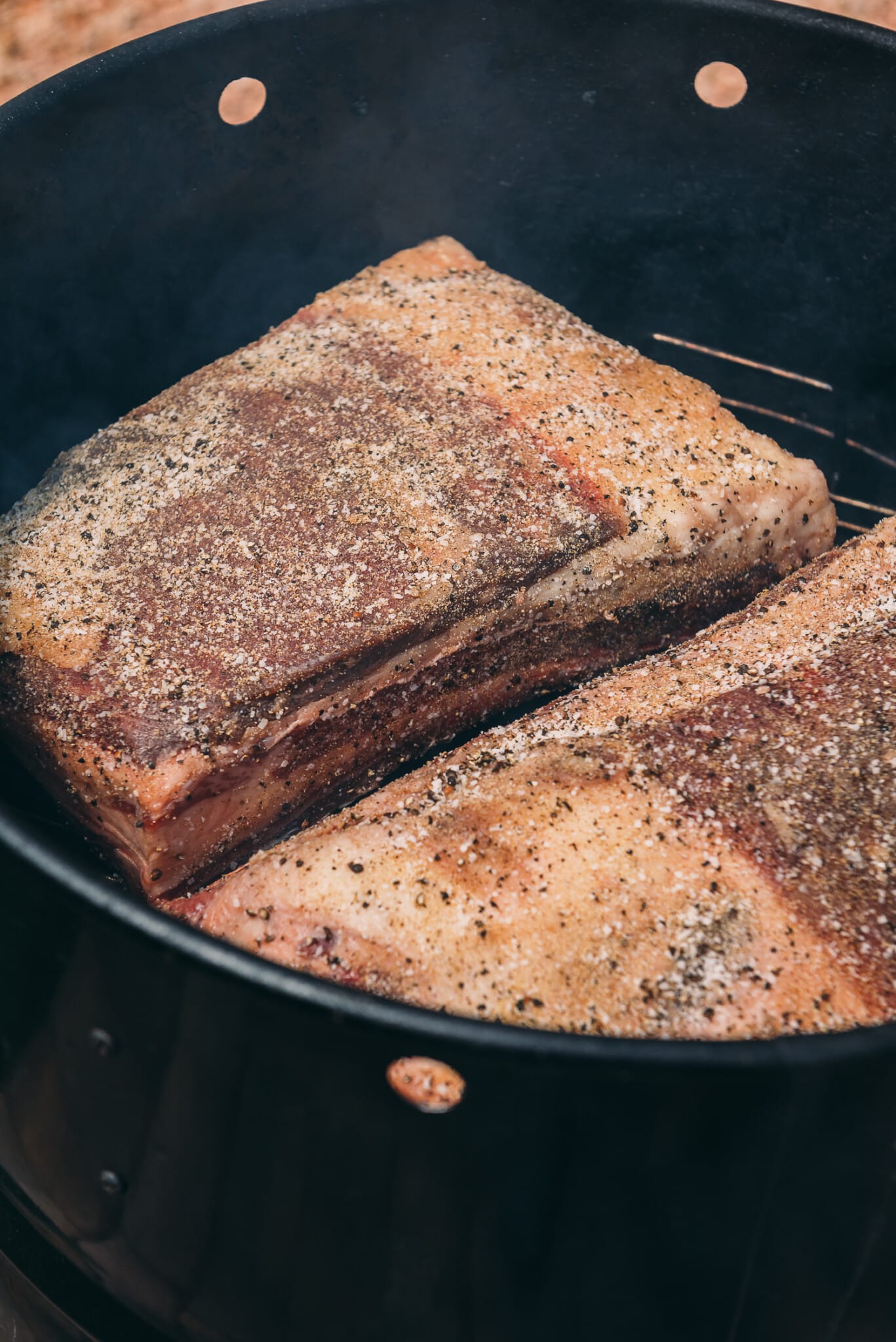 Beef ribs on a drum smoker. 