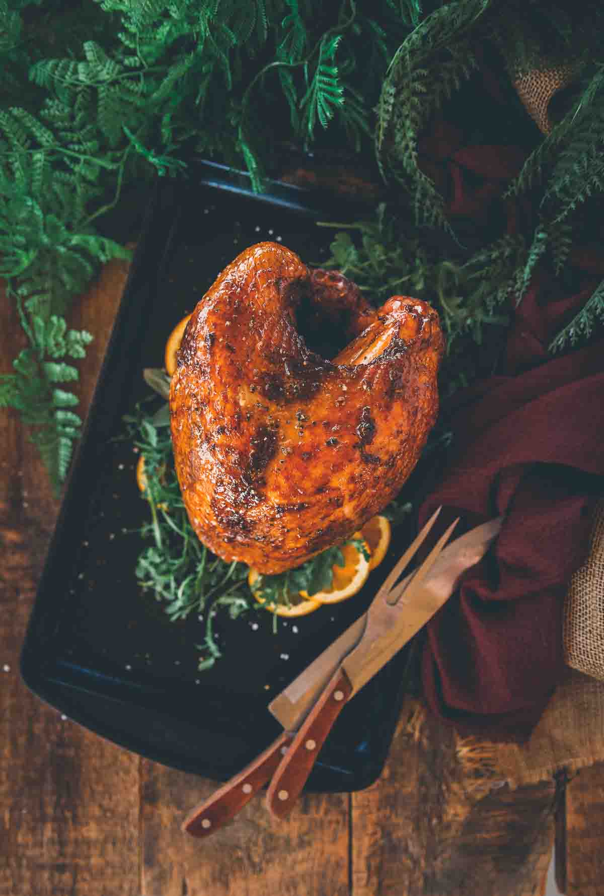 Overhead shot of beautiful golden brown turkey breast. 