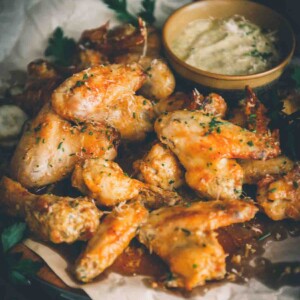 Platter of air fryer garlic parm wings.